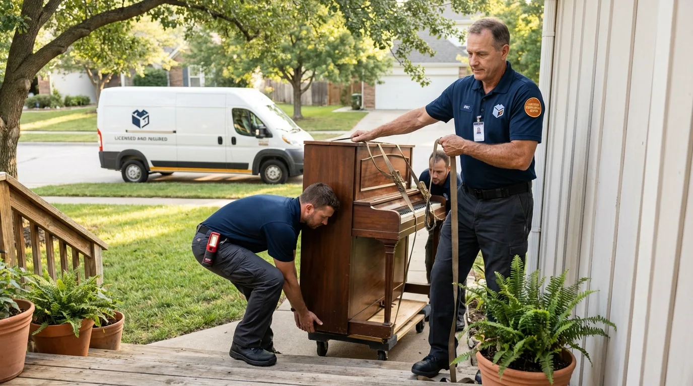 Licensed piano movers securing grand piano in Gilbert, MN