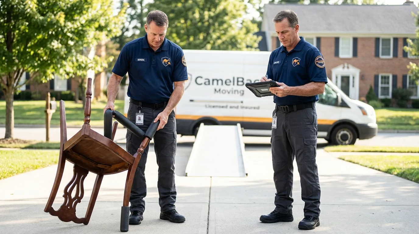 Movers inspecting furniture for damage prevention before loading in Gilbert, MN