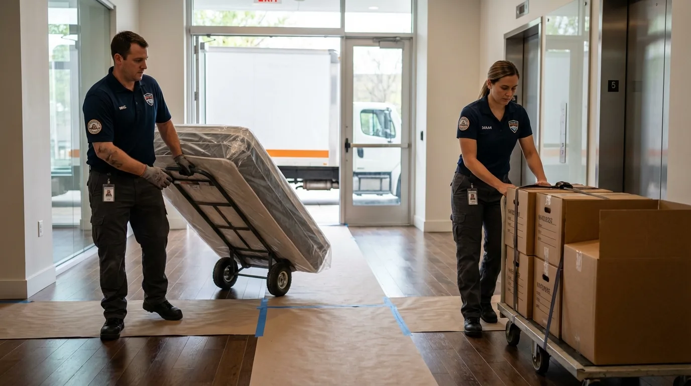 Professional apartment movers loading elevator in Gilbert, MN