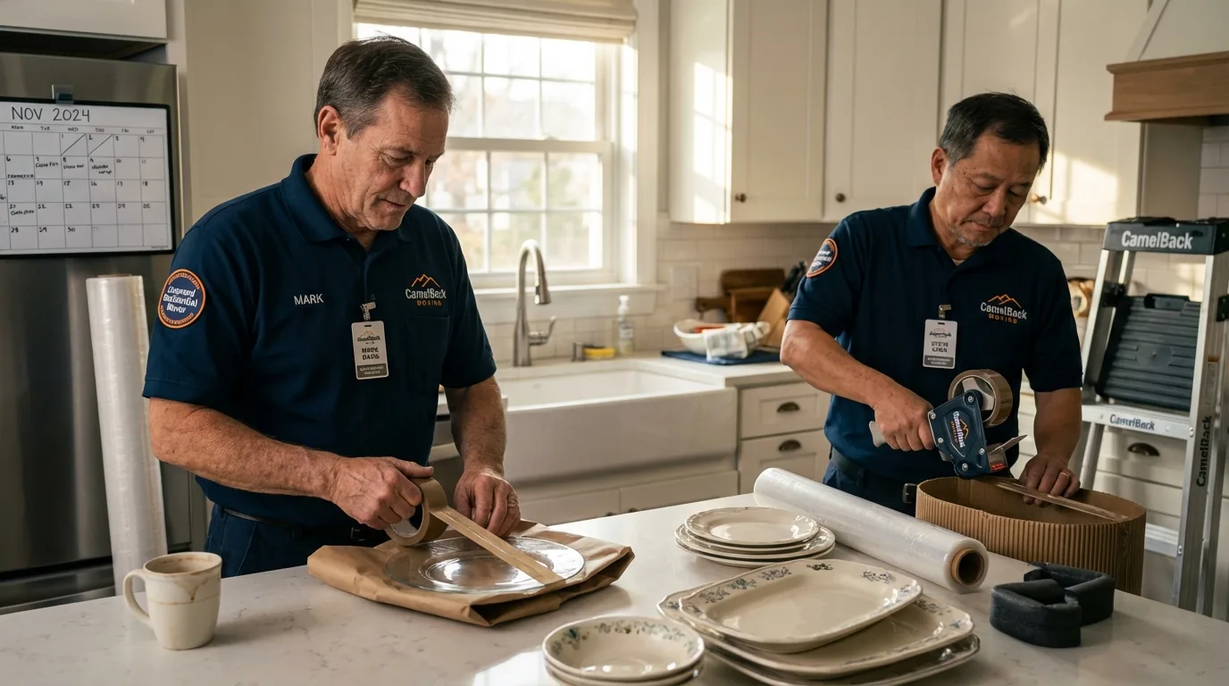 Professional crew packing kitchen dishware in Gilbert, MN